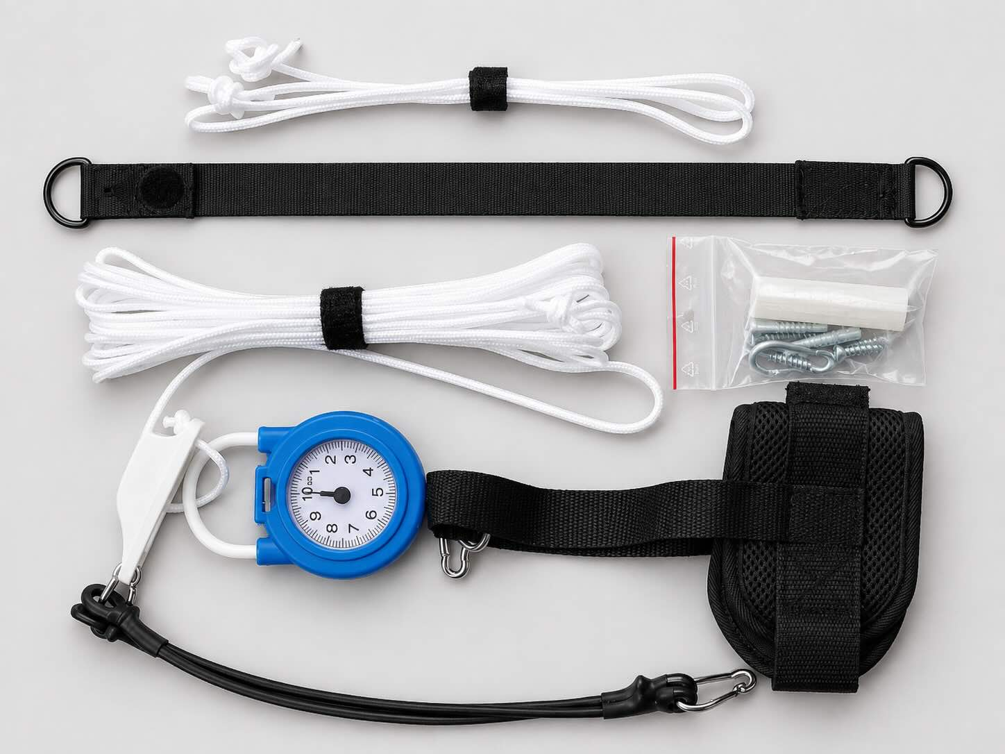 Flextrainer Spring mit Kraftmessuhr, Manschette, Seilen und Befestigungszubehör