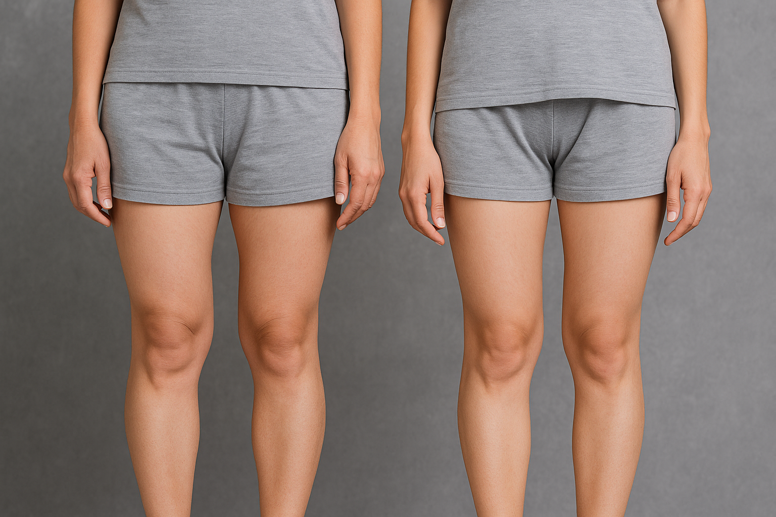 Vergleich von Beinen mit Fehlstellungen wie O-Beinen und X-Beinen, die zu sekundärer Arthrose durch ungleichmäßige Gelenkbelastung führen können