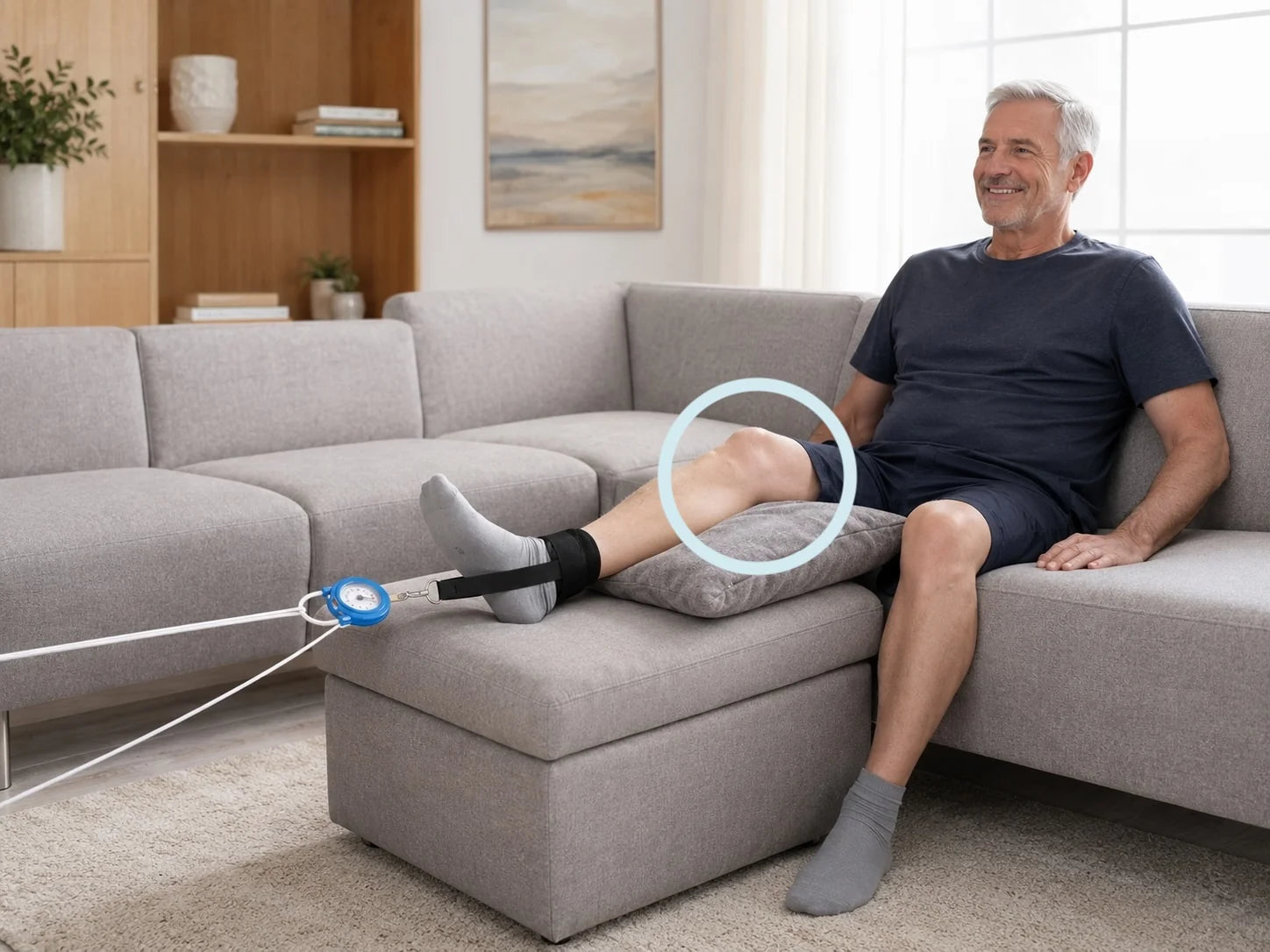 Gelenk-Traktionstraining am Knie mit dem Flextrainer Spring im Sitzen